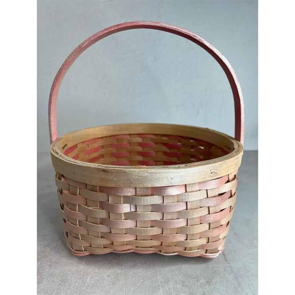 Vintage Pink‎ and wood Woven Basket with Handle 9”x9” Round